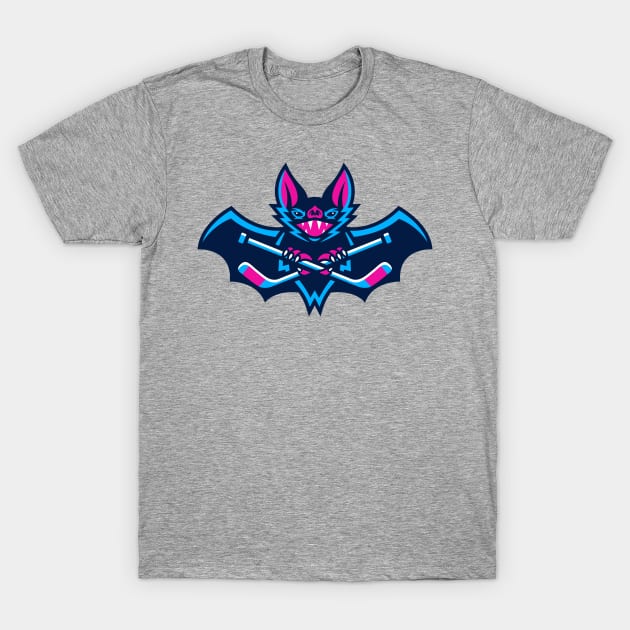 Bold Hockey Bat Sports Mascot T-Shirt: Unique Bat & Crossed Hockey Sticks Design for Fans and Teams! T-Shirt by CC0hort